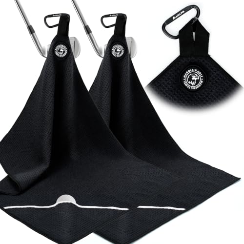 [Upgraded Cleaning Pocket] 2-Pack Magnetic Golf Towel 23.6"x15.7" Large Size with Clip, Microfiber Waffle Design - Industrial Strength Magnet for Strong Hold to Golf Bags, Carts & Clubs - Black