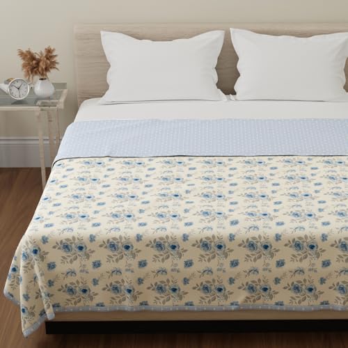 Image of HUESLAND 100% Cotton Reversible Dohar Single Bed Cotton | Soft Cambric Weave, Lightweight AC Blanket for Summer & All Weather Use | 56 x 89 inches, Floral Medley - Ivory & Blue