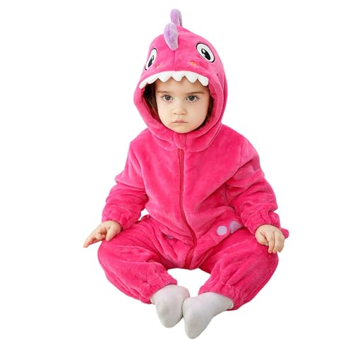 Generisch Jumpsuit Kinder festlich elegant warm kuschelig Schlafanzug, Strampler Flanell Jumpsuit Dinosaurier Cute Warm Kapuzen Spielanzug Herbst Winter Kleidung mit Reißverschluss Hot Pink 59