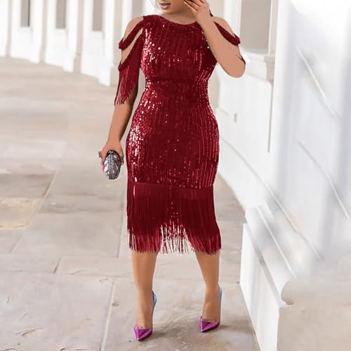 Image of Cololura Sexy Elegant Women Sequin Long Sleeve Tassel Bodycon Midi Dress Party Evening Gown Formal Dress
