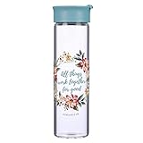 Christian Art Gifts Glass Water Bottle All Things Work Together Romans 8:28 Floral Wreath, 20oz, Turquoise