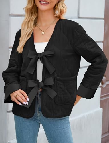 Women's Cropped Puffer Quilted Jacket Floral Bow Tie Front Long Sleeve Padded Coat with Pocket3