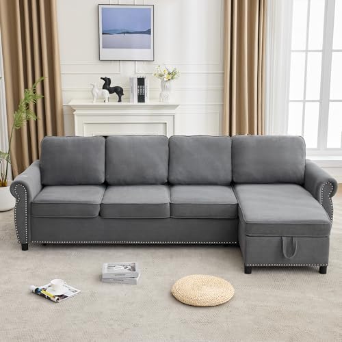 Image of ERYE L-Shaped Reversible Sectional Sofa with Pull Out Queen Memory Mattress Sleeper Bed, 2-in-1 L-Shaped Corner Sectional Couches W /Wireless Charging, Storage Chaise Lounge