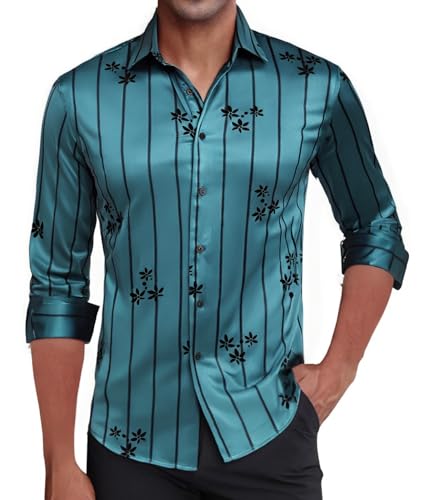 Damipow Men's Silk Satin Dress Shirts Long Sleeve Casual Button Down Shirt Party Prom Wedding Shirt,Green Flower,2XL
