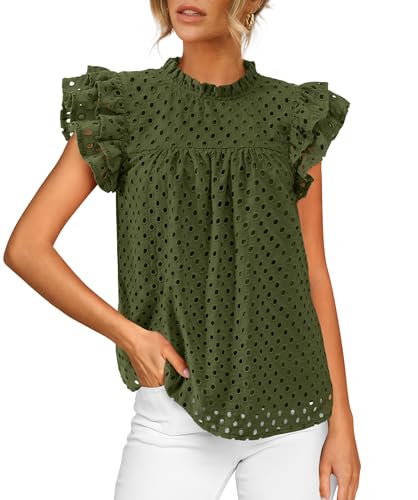 BTFBM Casual Summer Tops for Women 2026 Short Ruffle Sleeves Shirts Crew Neck Hollow Out Lace Embroidered Blouses(Army Green,X-Large)