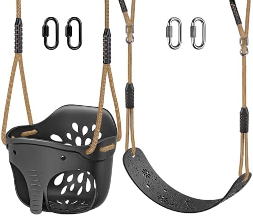 SELEWARE Toddler Swing Set Accessories, High Back Full Bucket Swing Seats with Adjustable Rope and 4 Locking Carabiners, Cute Elephant Shape Design 600LB Capacity (2 Pack)