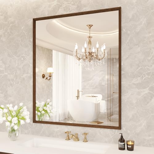 JISOSO Rectangle Bathroom Mirror 30x36 Inch, Walnut Wood Grain Framed, Anti-Rust & 4mm Tempered Glass, Horizontal/Vertical Hanging Vanity Mirror for Bathroom & Bedroom
