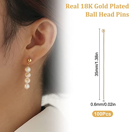 Beebeecraft 1 Box 100Pcs Ball Head Pins 18K Gold Plated Brass Ball Eye Pins 35Mm Jewelry Making Findings For Charm Beads Diy Making, Head: 1.8Mm #TOP1