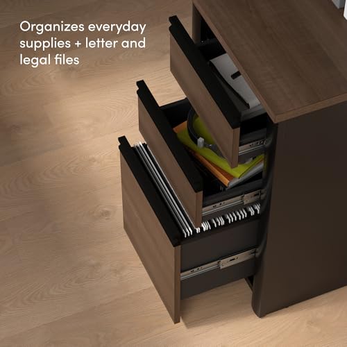 Image of Bestar L Shaped Desk with Drawers, Hutch, and Keyboard Tray, Executive Workstation for Home or Professional Office, 72 Inches, Connexion Collection, Antigua and Black