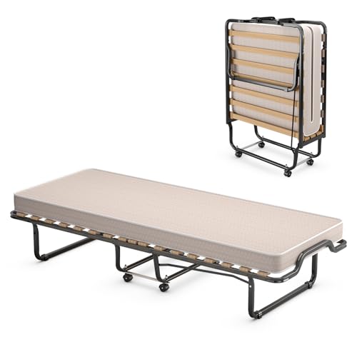 GIANTEX Cama Individual Plegable 90 x 200 cm, Cama Plegable con Colchón de Espuma de Grosor de 10 cm, Cama Supletoria con 4 Ruedas, Carga hasta 120 kg, para Hotel, Viaje (Beige)