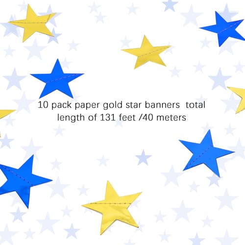 Image of Glitter Star Garland Banner Decor 130 Feet Gold Blue Star Garland Hanging Bunting Banner Backdrop for Graduation Wedding Birthday Holiday Party