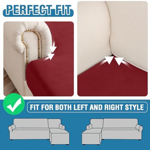 Image of Couch Cover 3-Piece Elastic Velvet Couch Cushion Covers & Chaise Slipcovers for L-Shaped Sofas, Sofa Seat Covers Washable, Soft Cover for Couches (2 Seater + Chaise, Christmas Red)