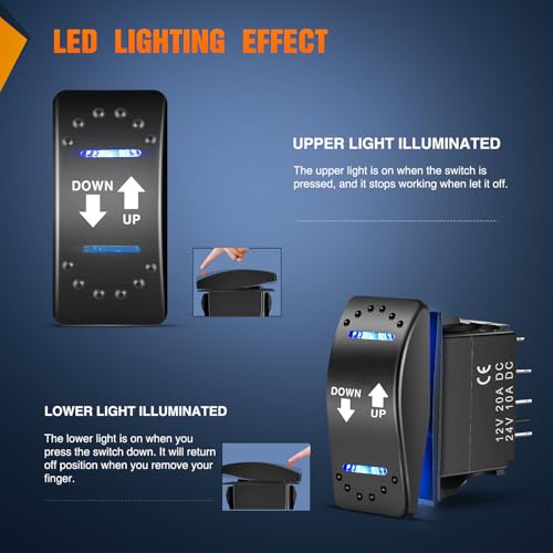 Image of Nilight Polarity Reverse Switch 20A 12V 7 Pin Momentary ON-Off-ON Rocker | DPDT blue LED toggle includes jumpers and adapter wires for linear actuators, hoists, and cranes