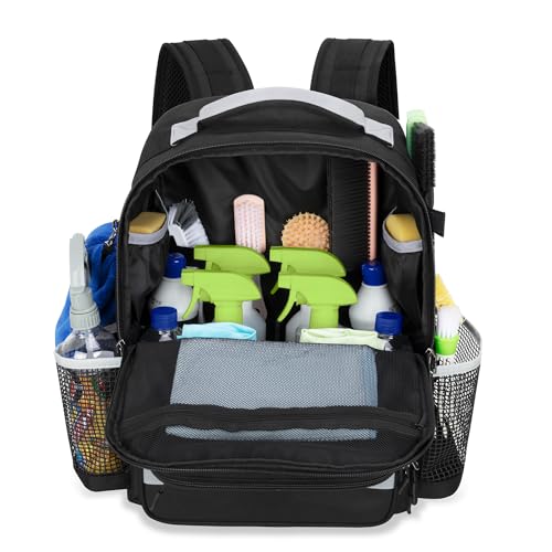 HODRANT Cleaning Backpack with Bottom Plate & Waterproof Bottom, Large Supplies Bag with Multiple Pockets for Housekeeping Tools, Cleaning Products Caddy Organizer for Home & Car, Black, Modern Or