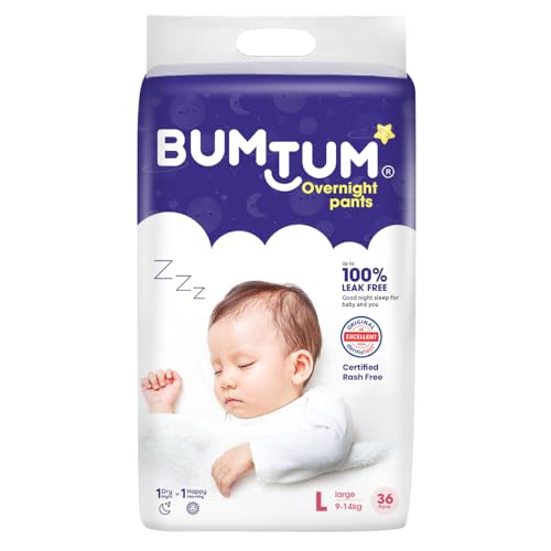 Image of Bumtum Baby Overnight Diaper Pants - Size L (9-14 kg), 36 Count | All night Absorption with Pillow Soft Comfort | No Leak | 100% Rashfree | With soothing Chamomile Microbial Layer | Pack of 1