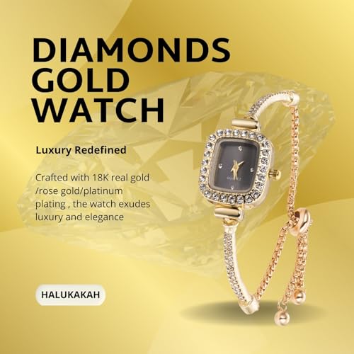 Image of Halukakah Kids' Sparkling Diamond Watch - 18k Real Gold /Rose Gold /Platinum Plated - Multiple Colors Rectangle Dial - Quartz Adjustable Stainless Steel Wristwatch - Suitable for Boys and Girls