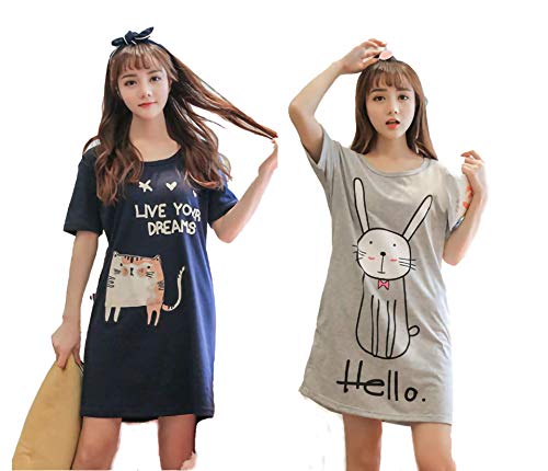 Image of Fashiol Women Cartoon Text Print Cotton Sleep Shirt with Lace Sleep Shirt Freesize | Multicolor Print, Pack of 2