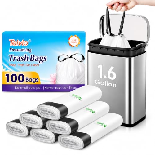 Image of 1.6 Gallon 100 Counts Small Drawstring Trash Bags by Teivio, Fit1.2,1.3,1.5 Gallon Bathroom Trash Can Bin Liners, 5-6 Liter Small Plastic Garbage Bags for home office kitchen, White