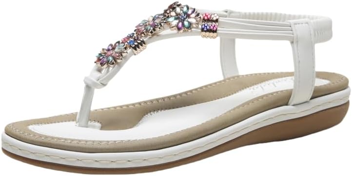 Womens Sandals Shoes Comfort Walking with Non Slip on Casual Summer Beach Shoes Dress Ankle Elastic Jeweled Ethnic Style Wedges Flats