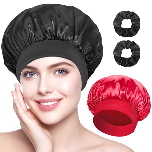 Q&J Fabric Co. Extra Large Satin Bonnet 2Pcs Hair Cap Single-layer Bonnet for Sleeping, Jumbo Silk Sleep Cap for Women Braids Curly Hair Locs (White, Burgundy)