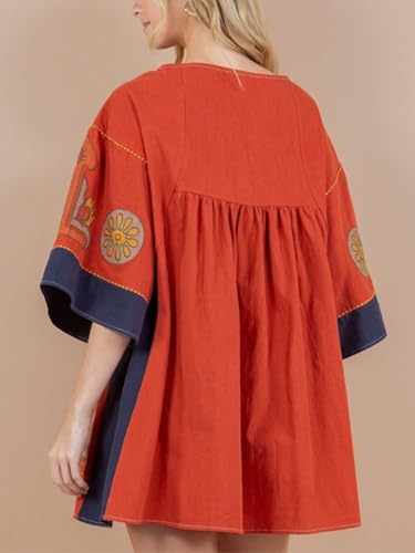 Image of Joiemont Womens Oversized Embroidered Dress with V-Neck and 3 /4 Sleeves Vintage Embroidery Babydoll Dress