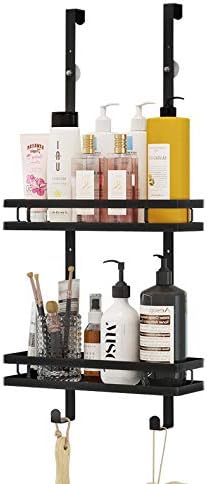 EUNEWR Hanging Shower Caddy over Door, Durable Bathroom Shelf No Drilling, Stainless Steel Shower Shelf with Hooks and Suction Cups, Practical shower Storage basket for Shampoo/Soap/Razor, Black