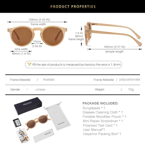 Image of Gleyemor Vintage Polarized Sunglasses for Men Round Sunglasses UV400 Protection Retro Hand-crafted Acetate Frame