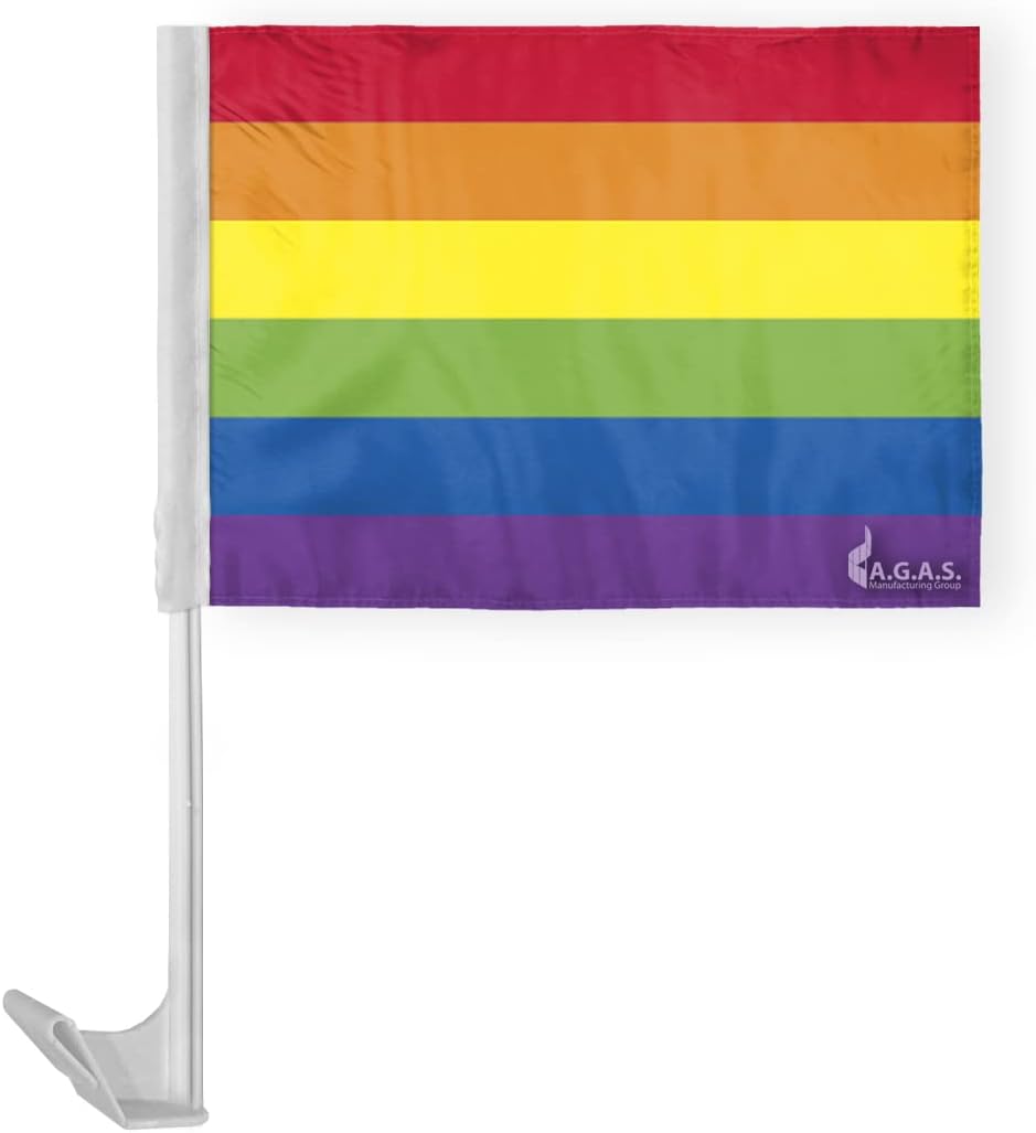 AGAS Rainbow Car Flag 12x16 inch - Printed Single Sided Tough Polyester Fabric - Stitched Edges - 17 Inch White Plastic Flex Pole - LGBT Rainbow Pride Gay Pride Car Flag 6 Stripe Rainbow Flag.