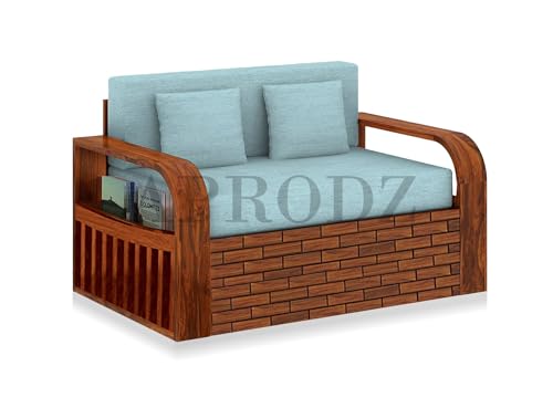 Image of APRODZ Solid Sheesham Wood Sofa Cum Bed 2 Seater Velevt Fabric with Turquoise Upholstery & Cushion Perfect Sofa Furniture for Home Living Office Room and Guests (Honey Finish 75x51x30-Inch)