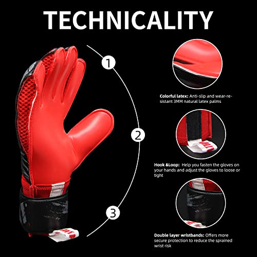 Goalie Goalkeeper Gloves For Youth & Adult Fingersave, Soccer Gloves Men And Women, Football Goalie Gloves For Kids, Boys, Girls, Size 6/7/8/9/10(Black & Red,8) #TOP2