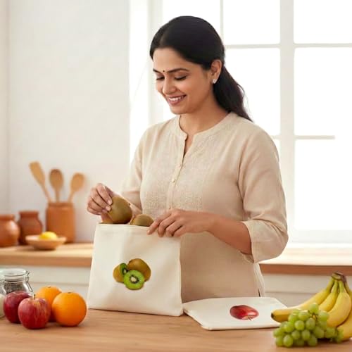 Image of 100% Cotton Reusable Fruit Vegetable Bags for Fridge | Eco-friendly Storage Bags for Kitchen Organizer | 10 Pcs | Washable Breathable Zipper Cloth Bags for Fruits Vegetables | Fruit Vegetable Bag