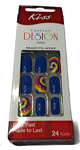 (1) Set of 24 Kiss Fashion Design Nails, Medium Length, Ready To Wear, (Blue and Tie Dye Design) Glue Not Included