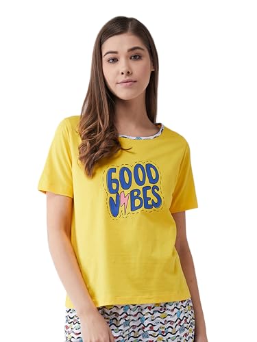 Image of Miss Chase Women's Yellow Round Neck Short Sleeves Printed Regular Length T-Shirt