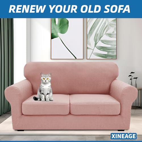 XINEAGE New 3 Pieces Couch Covers for 2 Cushion Sofa Super Stretch Loveseat Slipcover Pet Dog Universal Slip Cover Anti Slip Love Seat Furniture Protector (Dusty Pink, 55"-69")
