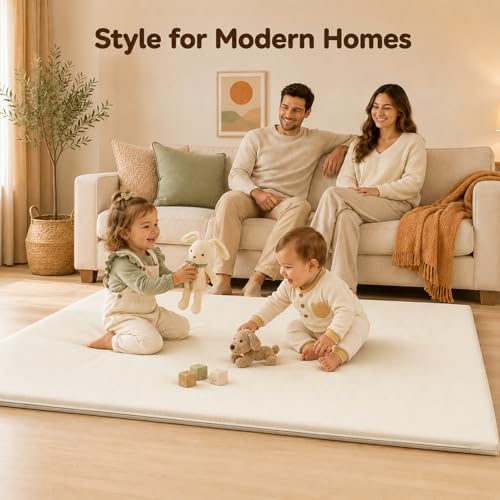 Image of Vegan Leather Baby Play Mat, 79x59 Thick Cushioned Waterproof Playpen Mat, Stylish Removable Cover Floor Mat for Babies & Toddlers, Soft Padded Play Mat for Safe Crawling, 1.2 inch Thick, Cream