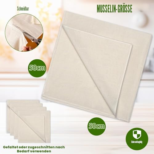 Foto von 4 Stück Passiertuch, 50 x 50 cm Käsetuch Waschbares Mulltuch, Ungebleichte Dichtegrad 100 Cheesecloth Wiederverwendbar zum Sieben von Saft Käse Tee Nussmilch Suppe Joghurt Tofu