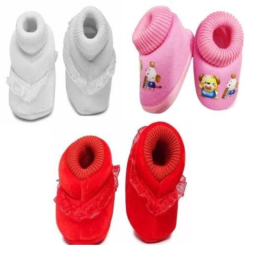 Newborn Baby Booties Pack of 3 Solid Pattern Cotton Shoes with EVA Sole Comfortable First Step Foot White-Pink-Red 6-9 Months-picture-13