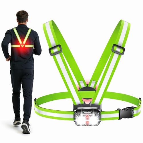 Viccux 800LM Ultra Bright & 7+2 Modes Running Lights for Runners with Rear Light, 45° Beam & 360° Reflective Vest, IPX4 Waterproof Reflective Running Vest for Night Walking/Jogging, 4-25Hrs Runtime