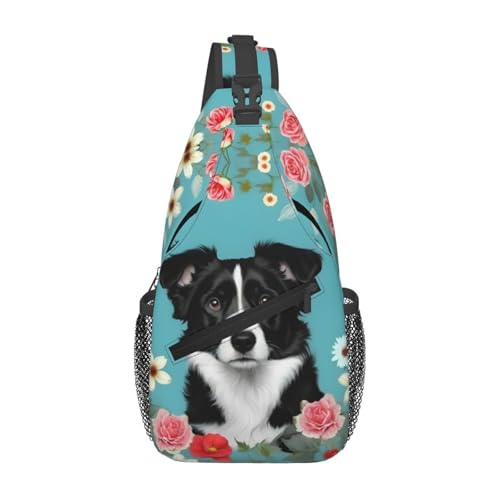 Mochila cruzada floral Border Collie, unisex, negra miniatura 1
