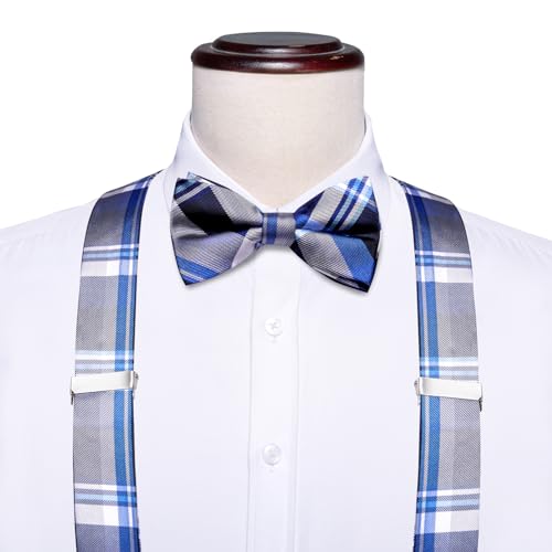 Image of Hi-Tie Men Suspender Bowtie Set Suspenders Pre-tied Bow Tie Pocket Square Cufflinks Adjustable Y Shape 6 Clips Braces Tuxedo