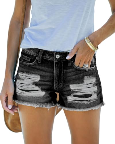 Image of MIFOCAL Women's Mid Rise Ripped Stretchy Jean Shorts Frayed Raw Hem Casual Denim Shorts