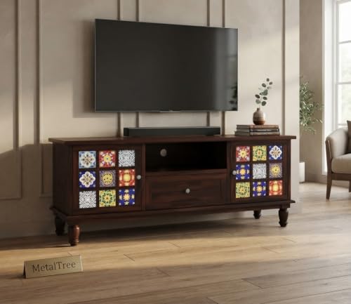 Image of Premium Solid Sheesham Wood TV Unit with 1 Drawer, 3 Shelves, and 2-Door Storage - Accommodates up to 55-Inch TV - Ideal for Elegant Living Rooms (Boho, Walnut Finish)