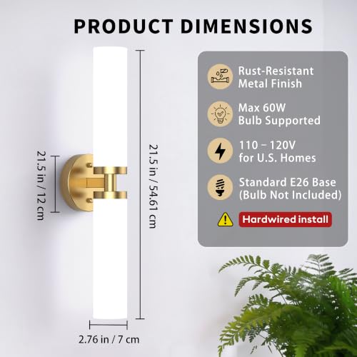 Image of Wall Sconces Set of 2, Gold Hardwired Bathroom Light Fixtures, Modern Bathroom Vanity Wall Lighting with Milky White Glass Shade, Farmhouse Wall Sconce for Bedroom Living Room Hallway