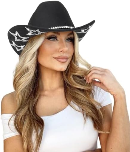 Felt-Fedora Western-Cowboy-Hat for Women-Men with Gus-Buckle-Belt Bling-Rhinestone Rolled-Up Star Rodeo-Cowgirl-Hat Black-1 Row Bling 6 Stars Medium-Large
