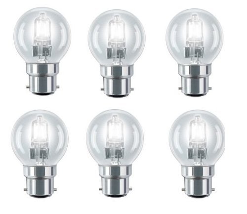 Status, Tesco, GE, Sylvania 6 Pack Eco Halogen Mini Globes 28W (=35W-40W) BC B22 B22d Classic Clear Round Energy Saver Light Bulbs, Bayonet Cap, Golf Ball Dimmable Lamps, 340-370 Lumen, Mains 240V