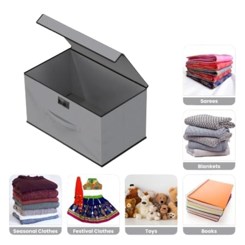Image of Non-Woven Multipurpose Foldable Storage Box Wardrobe Closet Organizer Stackable Basket /Bins with Lid & Side Handle for Clothes, Toys, Books (Dark Grey, Pack of 2)