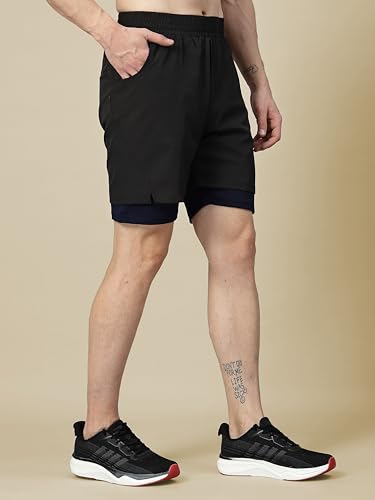 Image of CHKOKKO Double Layered Gym Shorts for Men Workout | Compression Inner Layer with Pockets Across Inner Outer and Back | Dry Fit Sports Athletic wear for Running Jogging or Training