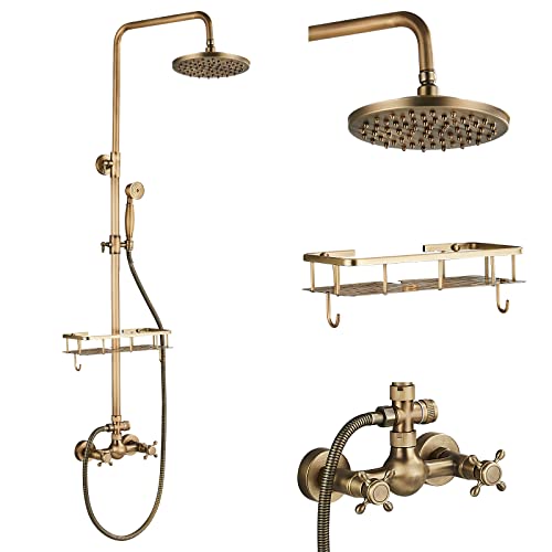 fyheast Colonne de douche antique, robinet de douche réglable en hauteur avec pommeau de douche haute pression et pommeau de douche pluie de 8 po, ensemble de douche à poignée unique