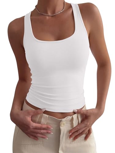 PINKMSTYLE Scoop Neck Double Lined Tank Top for Women Basic Sleeveless Summer Tops Slim Fit Workout Outfits White Small