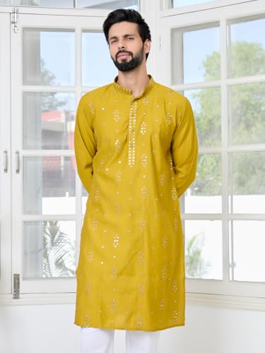 Image of See Designs Men's Full Sleeve Mandarin Collar Sequins Embroidered Straight Long Kurta - Festive Collection